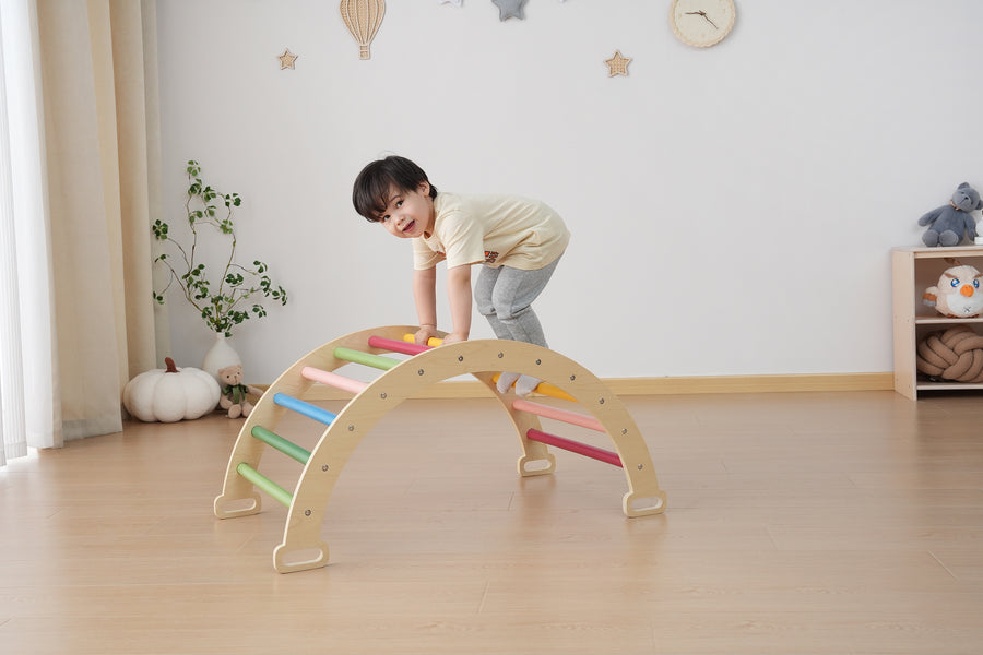 Speels houten gekleurd klimrek met klimboog, perfect voor avontuurlijke kinderen in speelkamer."