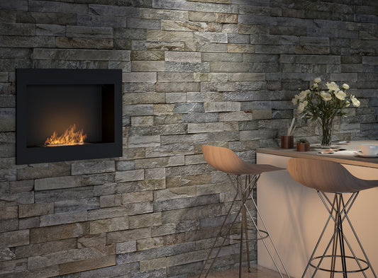 "Sfeerhaard bio-ethanol Infire Frame 600, elegant zwart frame met sfeervolle vlammen."