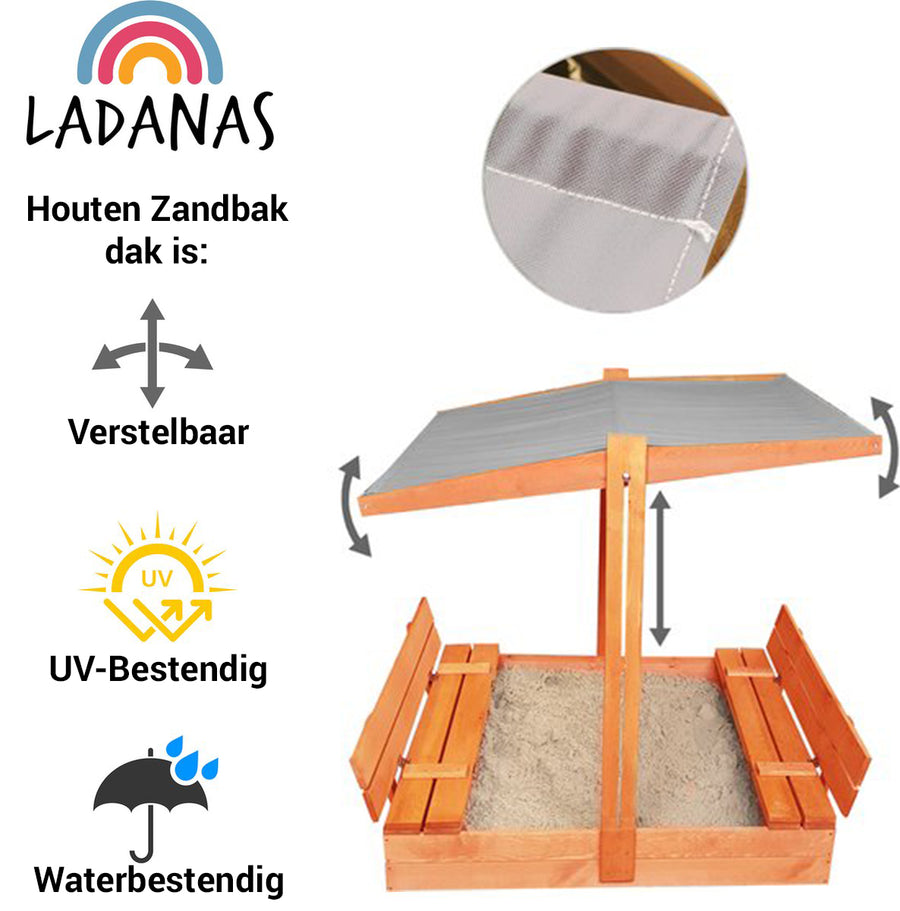 Houten zandbak met bank en grijs dakje. Dak is verstelbaar, UV-bestendig en waterbestendig voor veilige speeltijd.