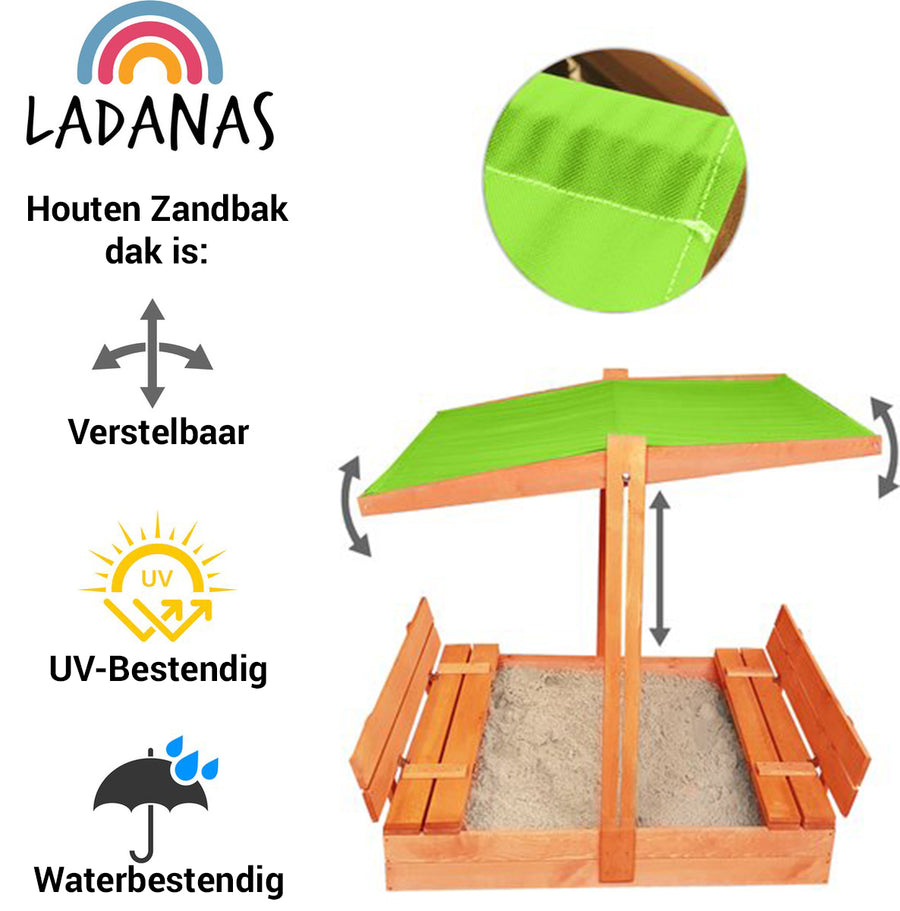 Houten zandbak met bank en groen dakje. Dak is verstelbaar, UV-bestendig en waterbestendig voor veilige speeltijd.