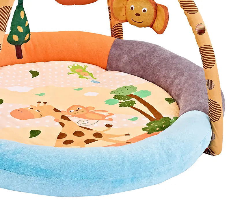"Rond speelkleed voor baby's met girafmotief en extra dikke rand, inclusief leuke speeltjes aan de boog."