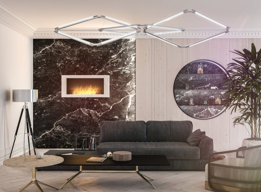 "Sfeerhaard bio-ethanol: Infire Murall 1200 met wit frame en betoverende vlammen, pure elegantie."