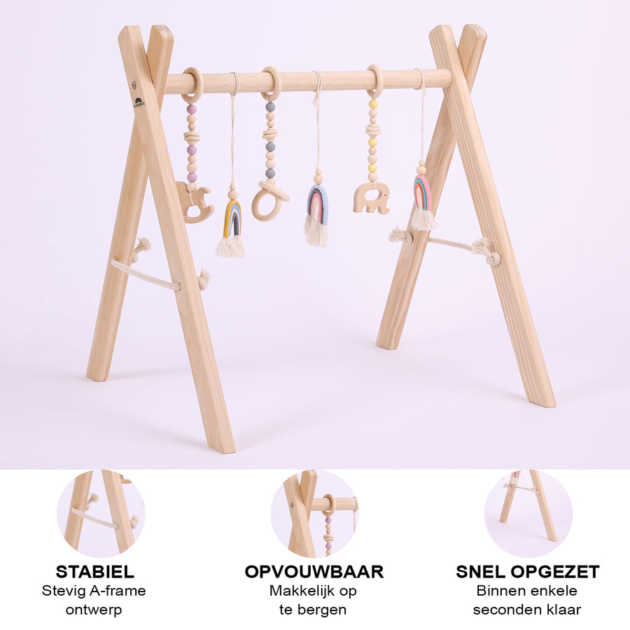 Babygym Hout & dubbelzijdige Speelmat – Incl. 5 speeltjes