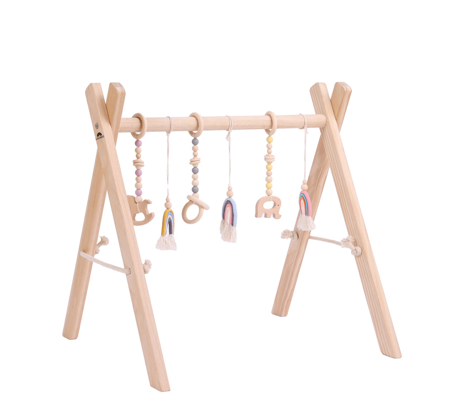 Babygym incl. 6 STIMULERENDE speeltjes – Babygym hout – Stevige & Veilige constructie – vanaf 0+ maand