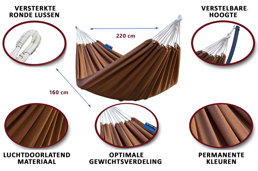 Hangmat, 2persoons: Versterkte ronde lussen, verstelbare hoogte, luchtdoorlatend materiaal voor optimale gewichtsverdeling.