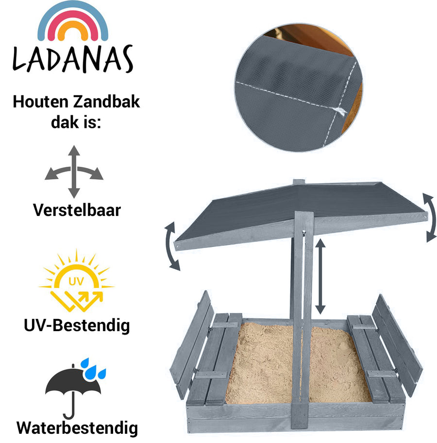 AFSLUITBARE zandbak Grijs met dakje en banken - 140x140cm