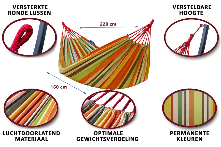 Hangmat, 2persoons: Versterkte ronde lussen, verstelbare hoogte, luchtdoorlatend materiaal voor optimale gewichtsverdeling.