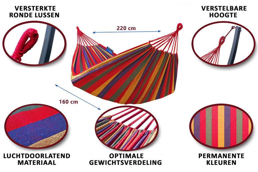 Hangmat, 2persoons: Versterkte ronde lussen, verstelbare hoogte, luchtdoorlatend materiaal voor optimale gewichtsverdeling.