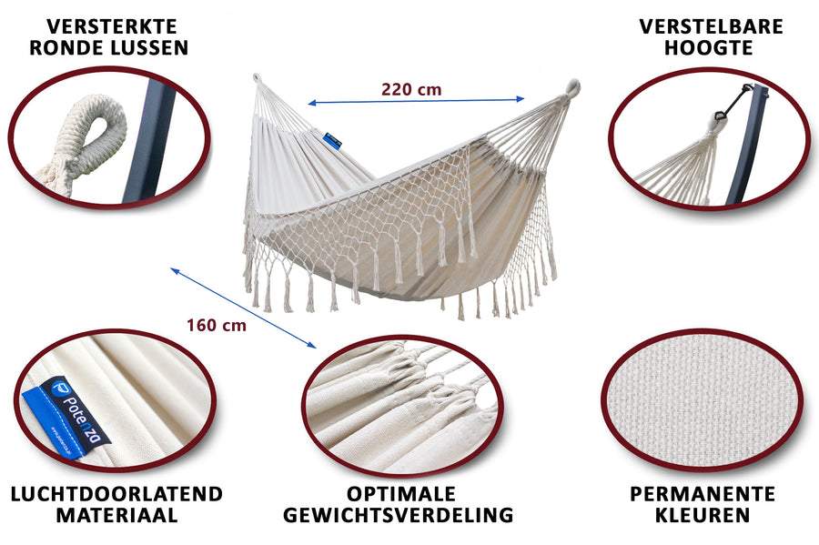 Hangmat, 2persoons: Versterkte ronde lussen, verstelbare hoogte, luchtdoorlatend materiaal voor optimale gewichtsverdeling.