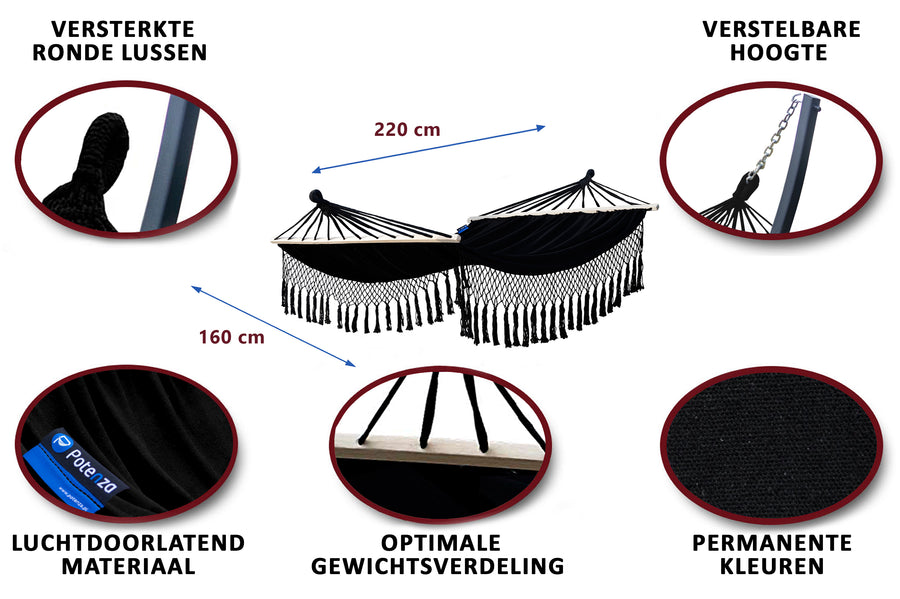 Hangmat, 2persoons: Versterkte ronde lussen, verstelbare hoogte, luchtdoorlatend materiaal voor optimale gewichtsverdeling.