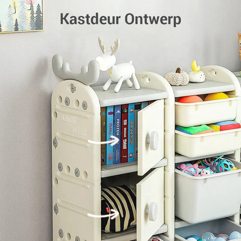 "Opbergkast in de vorm van een hert met 3 elementen, kastdeur ontwerp makkelijk te gebruiken voor kinderen."