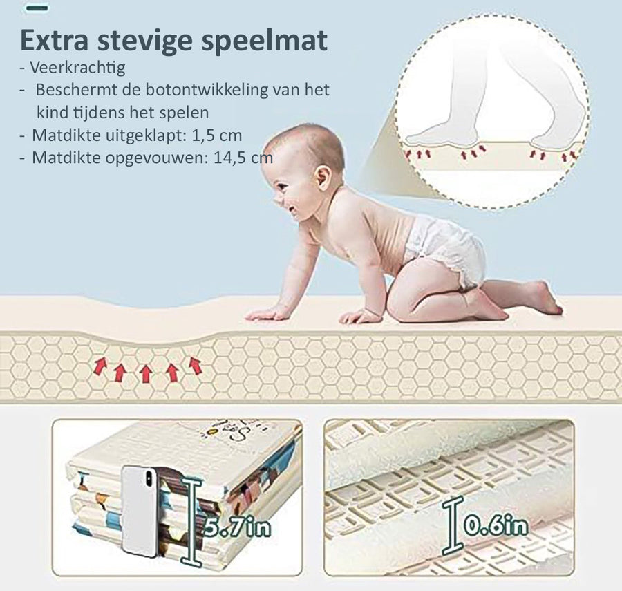 OPVOUWBARE Baby Speelmat - DUBBELZIJDIG Speelkleed incl. opbergtas - 180x200x1cm - Beer/Vos