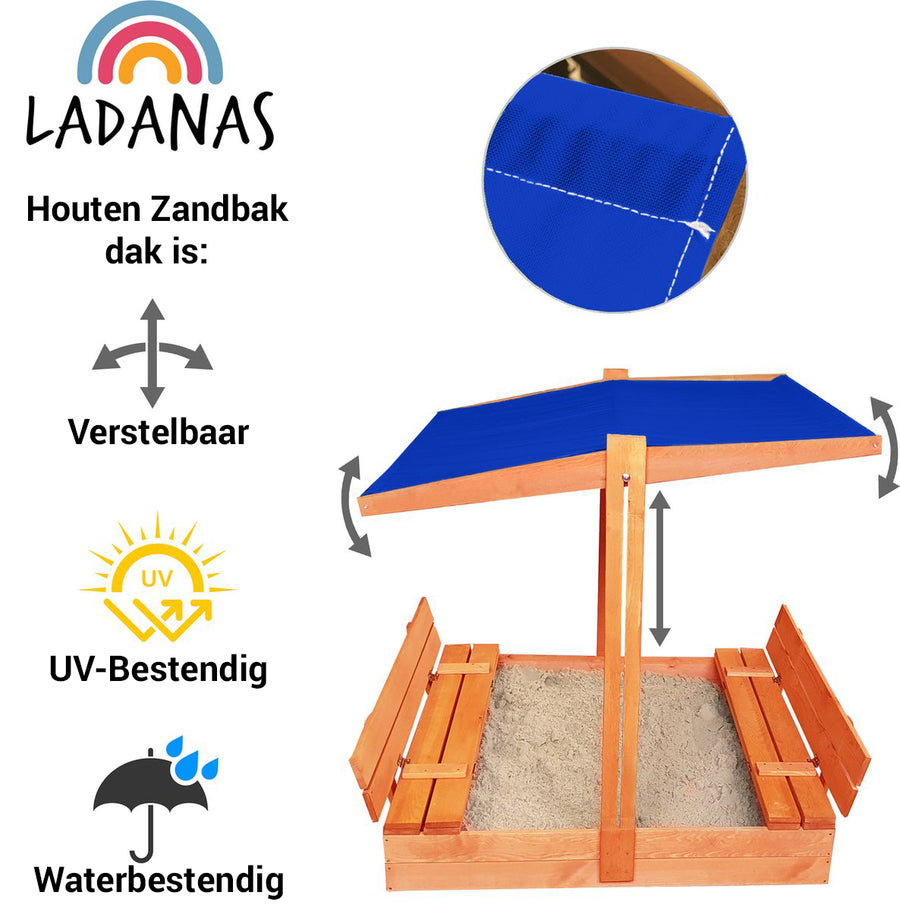 Houten zandbak met bank en blauw dakje. Dak is verstelbaar, UV-bestendig en waterbestendig voor veilige speeltijd.