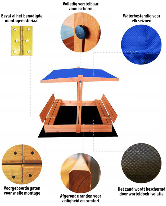 Zandbak met dakje en banken - 120x120cm