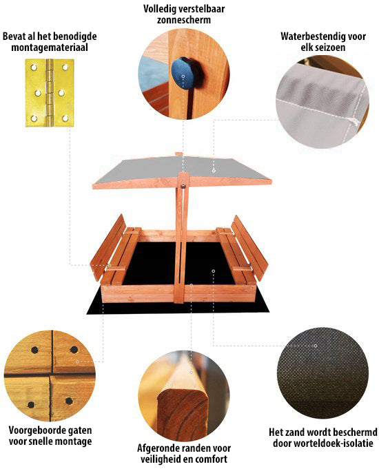Zandbak met dakje en banken - 120x120cm