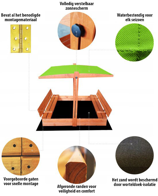 "Houten zandbak met deksel en bank, inclusief bevestigingsmateriaal, voorgeboorde gaten en afgeronde randen."
