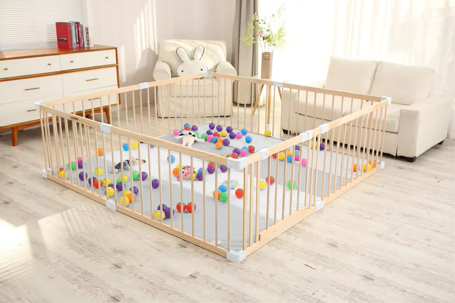 compacte houten grondbox baby