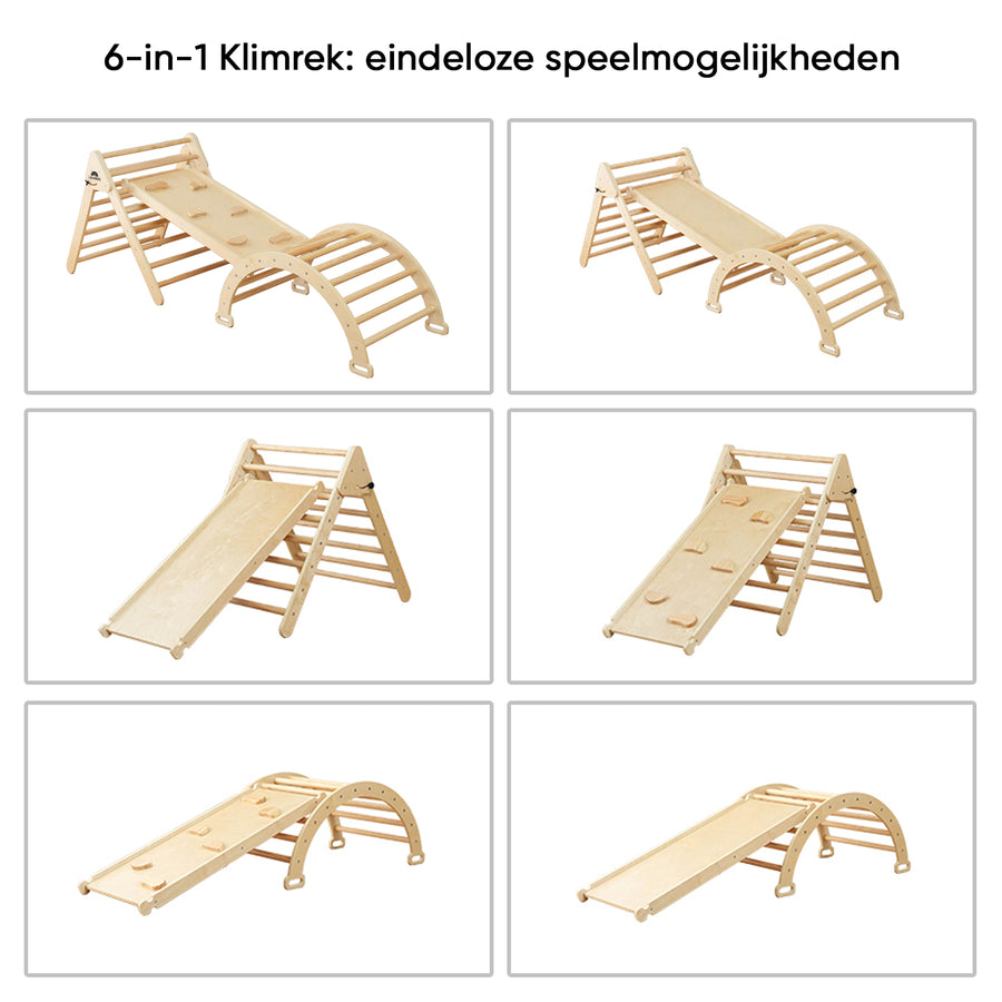 Houten klimrek en Pikler driehoek 6 in 1 voor eindeloos spelen. mooie kleuren