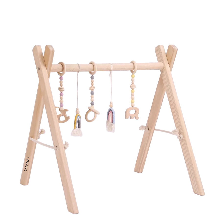 Houten Babygym met Dubbelzijdige Speelmat en 5 Speeltjes