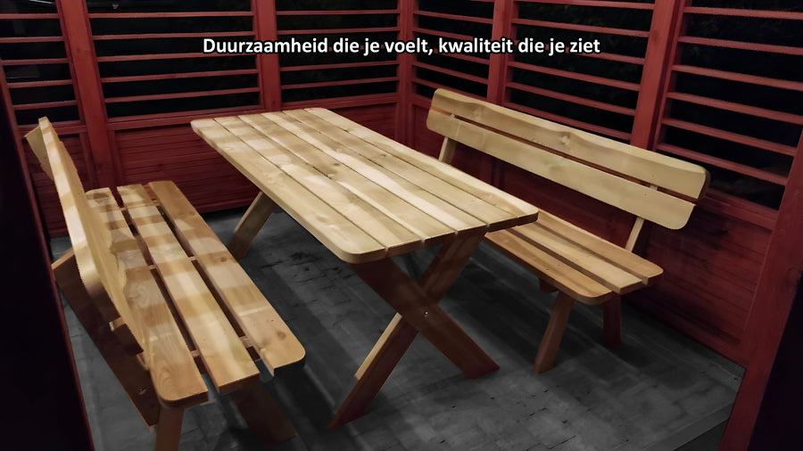 Houten Tuinset Premium – Geïmpregneerde Tuintafel 120 cm + 2 Tuinbanken 120 cm - Andy