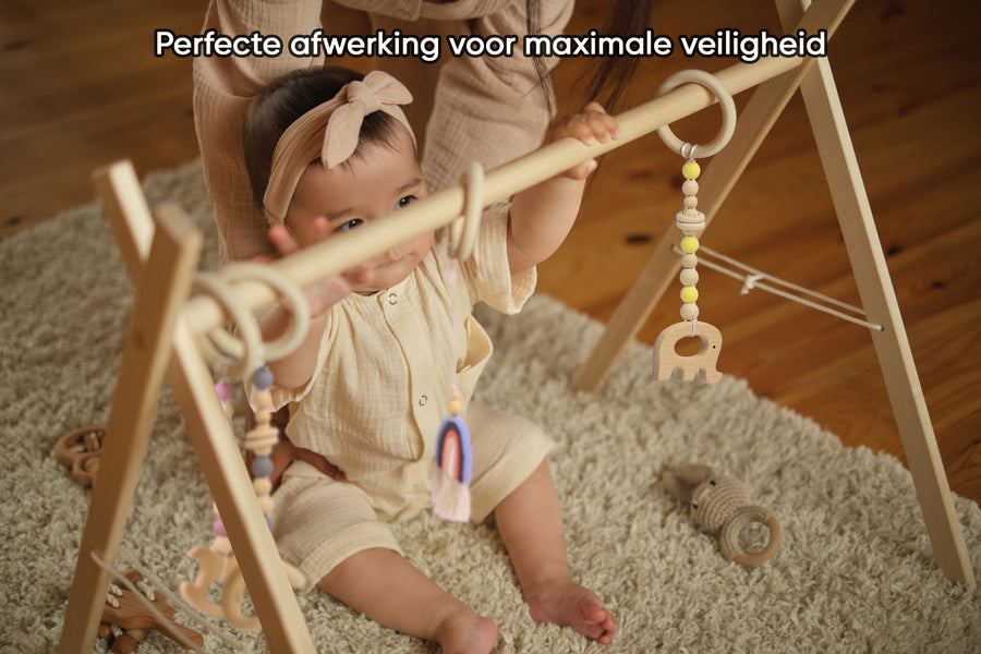 Babygym + Speelmat incl. 5 STIMULERENDE speeltjes – Babygym hout – Stevige & Veilige constructie – vanaf 0+ maand