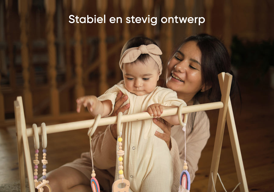 Babygym + Speelmat incl. 5 STIMULERENDE speeltjes – Babygym hout – Stevige & Veilige constructie – vanaf 0+ maand