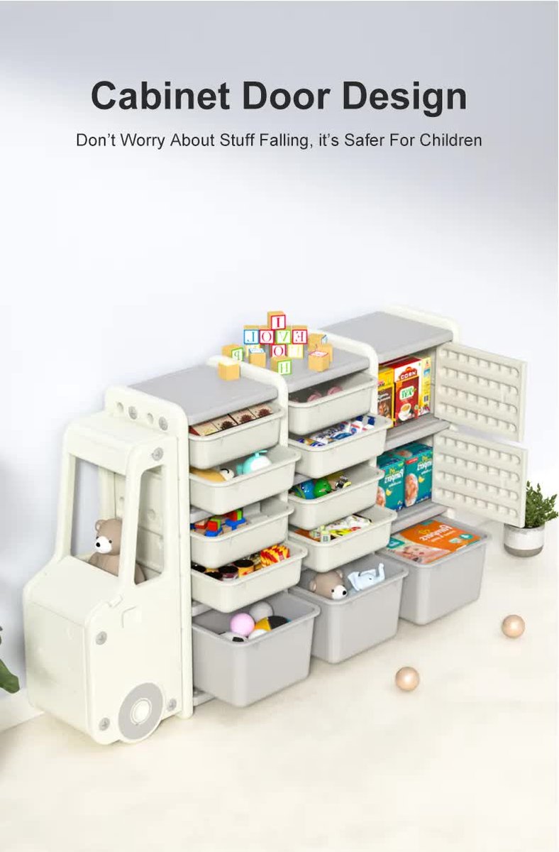 "Grijze-witte speelgoedopbergkast met vrachtwagenmotief, schuifbakken en 2 vakjes, perfect voor speelgoedorganisatie." 