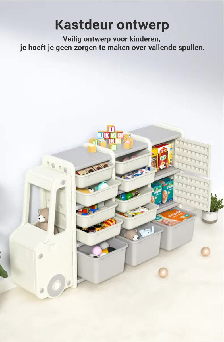 "Witte opbergkast voor speelgoed met 3 elementen, lades en gesloten kastdeur, veilig en ruim voor kinderspeelgoed."