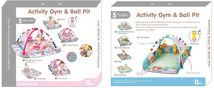 "5-in-1 activity gym voor baby, verkrijgbaar in 2 kleuren."