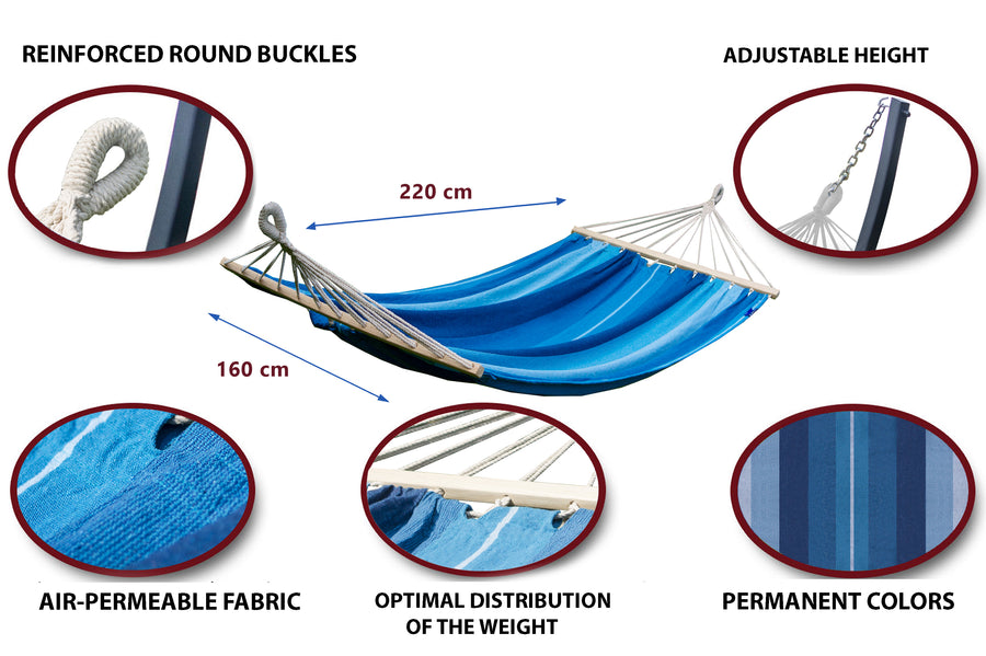 "Blauw gestreepte 2-persoons hangmat met spreidstok, verstelbare hoogte en luchtdoorlatende stof voor optimaal comfort en gewichtsverdeling."