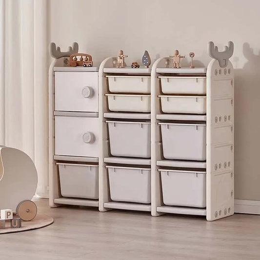 "Grijze-witte opbergkast in de vorm van een hert, ideaal voor speelgoed en spulletjes."