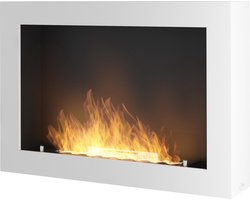 "Sfeerhaard bio-ethanol: Infire Murall 800 met wit frame en betoverende vlammen, pure elegantie."