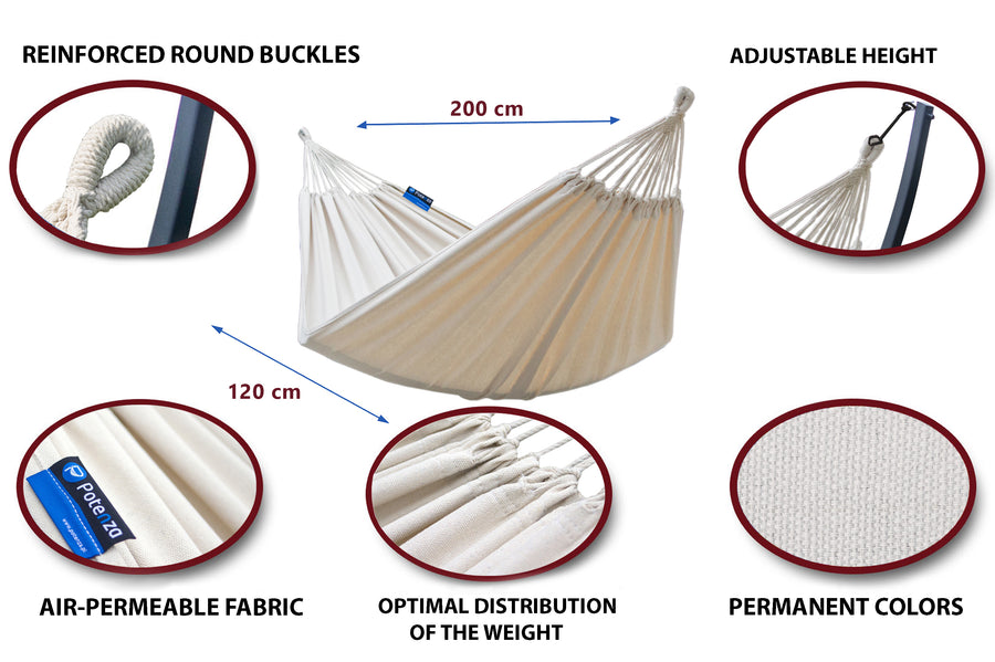 "1 persoons hangmat met verstelbare hoogte, luchtdoorlatende stof en optimale gewichtsverdeling." 