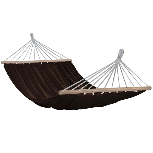 "Luxe 2-persoons hangmat in bruin met spreidstok voor optimaal comfort."