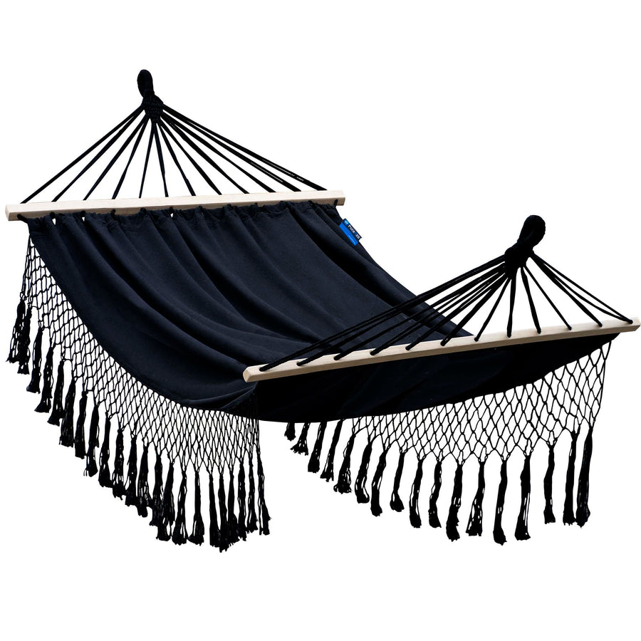 "Luxe 2-persoons hangmat in zwart met franje en spreidstok voor optimaal comfort."