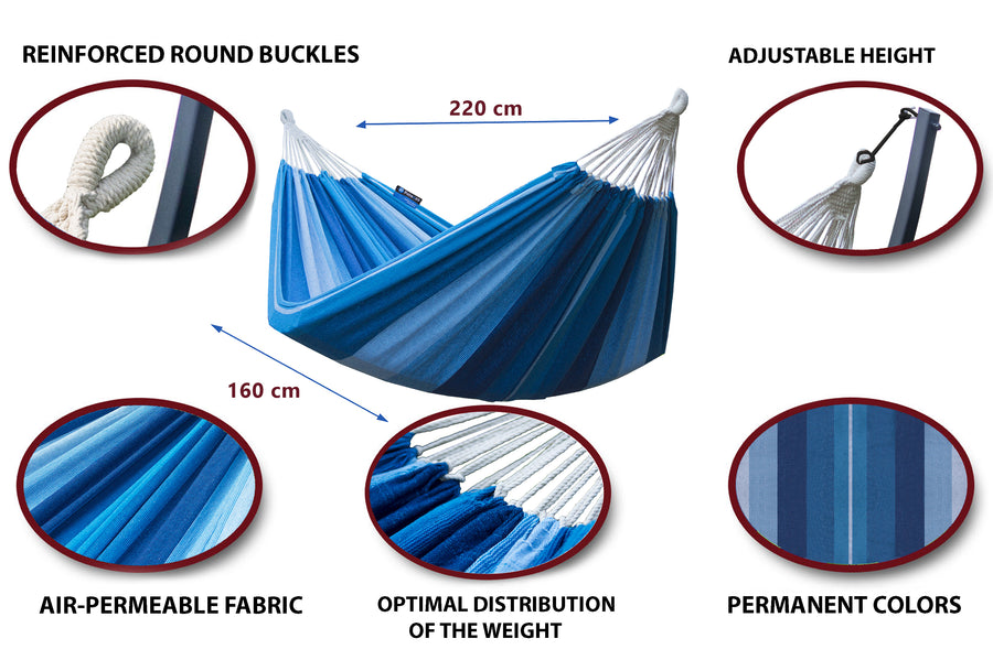 "Singa blauwe Potenza hangmat voor twee personen met verstelbare hoogte, luchtdoorlatende stof en optimale gewichtsverdeling."