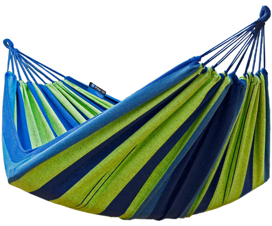 "Comfortabele Singa blauw/groene Potenza hangmat voor twee personen."