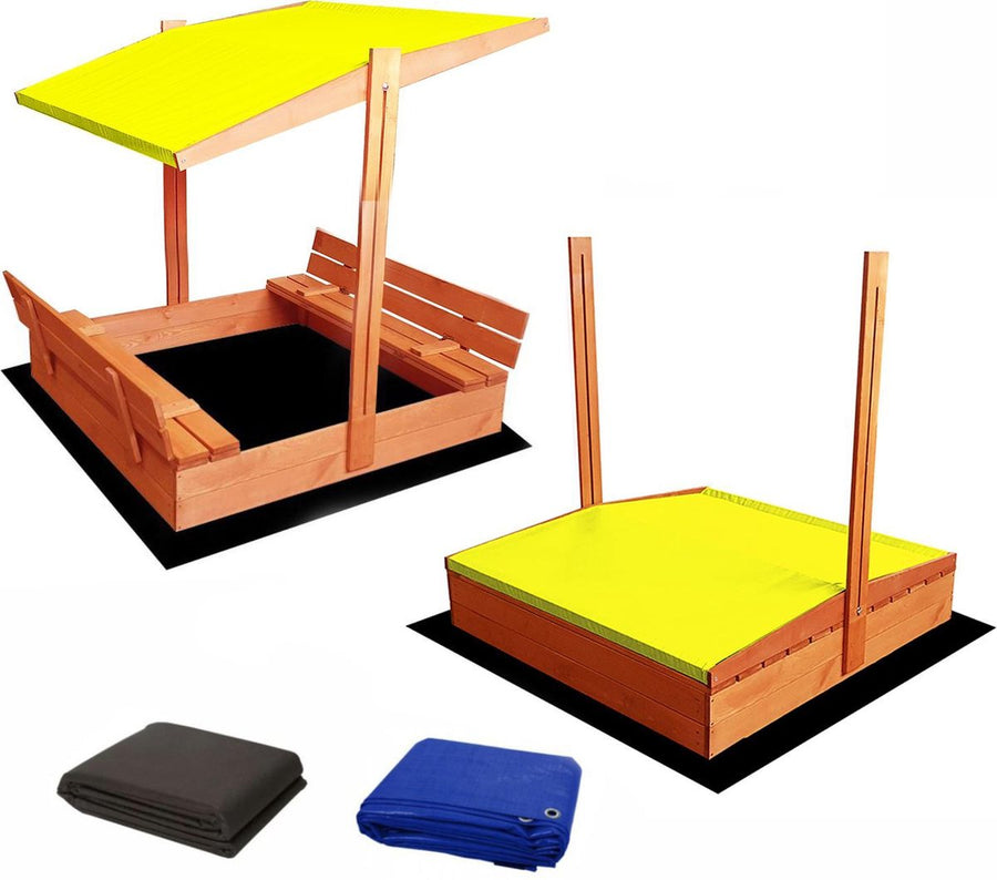 "Geïmpregneerde zandbak 140x140 met geel dak, banken en dekzeil. Afsluitbaar voor speelplezier, inclusief gronddoek."