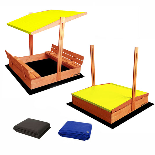 "Geïmpregneerde zandbak 120x120 met geel dak, banken en dekzeil. Afsluitbaar voor speelplezier, inclusief gronddoek."