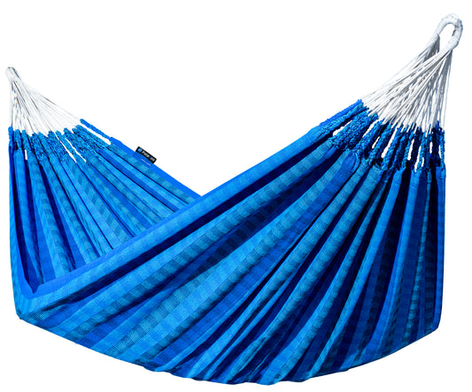 "Luxe 2-persoons hangmat Morena in blauw, voor ultieme ontspanning." 
