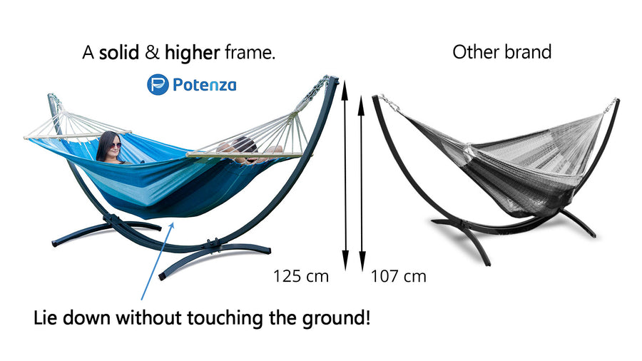 "Hoger frame maakt het verschil voor 2-persoons hangmat met standaard, niet op de grond hangen, concurrentie voorbijstreven."