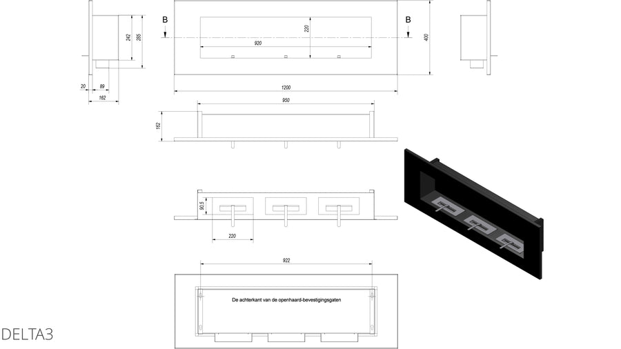 "Instructie voor inbouw van zwarte sfeerhaarden van Kratki met 3 branders, frame en lijst."